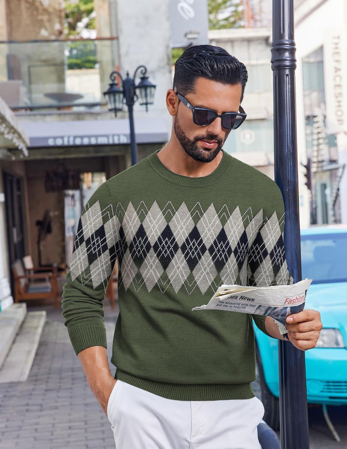 imageCOOFANDY Mens Crewneck Sweater Pullover Knit Sweater Lightweight Sweaters with Ribbing EdgeArgyle  Green