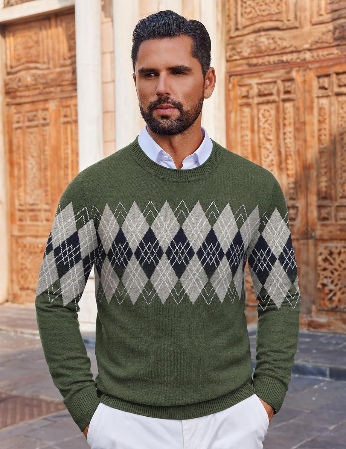 imageCOOFANDY Mens Crewneck Sweater Pullover Knit Sweater Lightweight Sweaters with Ribbing EdgeArgyle  Green