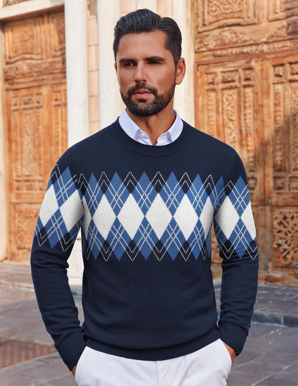 imageCOOFANDY Mens Crewneck Sweater Pullover Knit Sweater Lightweight Sweaters with Ribbing EdgeArgyle  Navy Blue