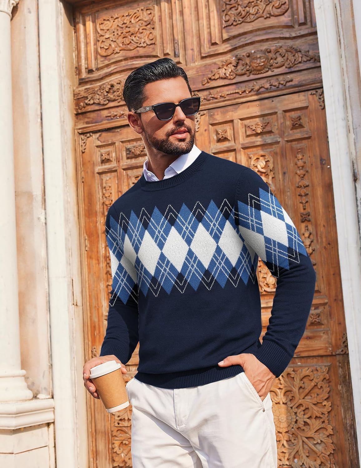 imageCOOFANDY Mens Crewneck Sweater Pullover Knit Sweater Lightweight Sweaters with Ribbing EdgeArgyle  Navy Blue