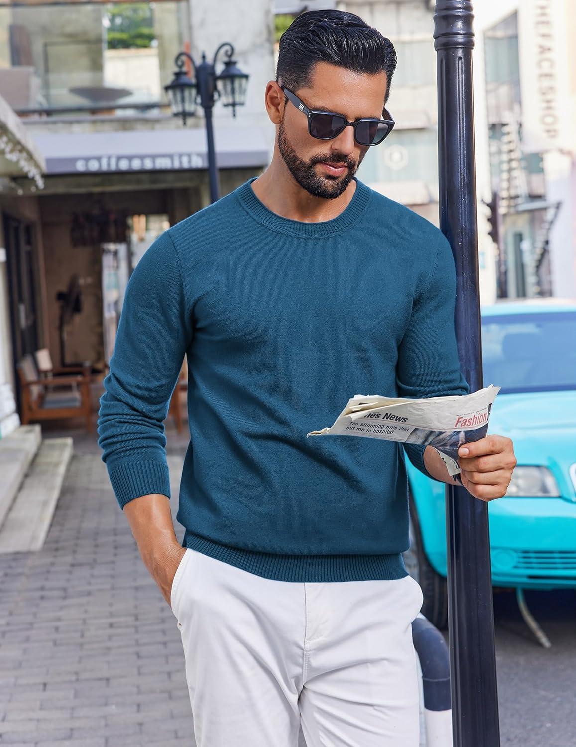 imageCOOFANDY Mens Crewneck Sweater Pullover Knit Sweater Lightweight Sweaters with Ribbing EdgeBlue
