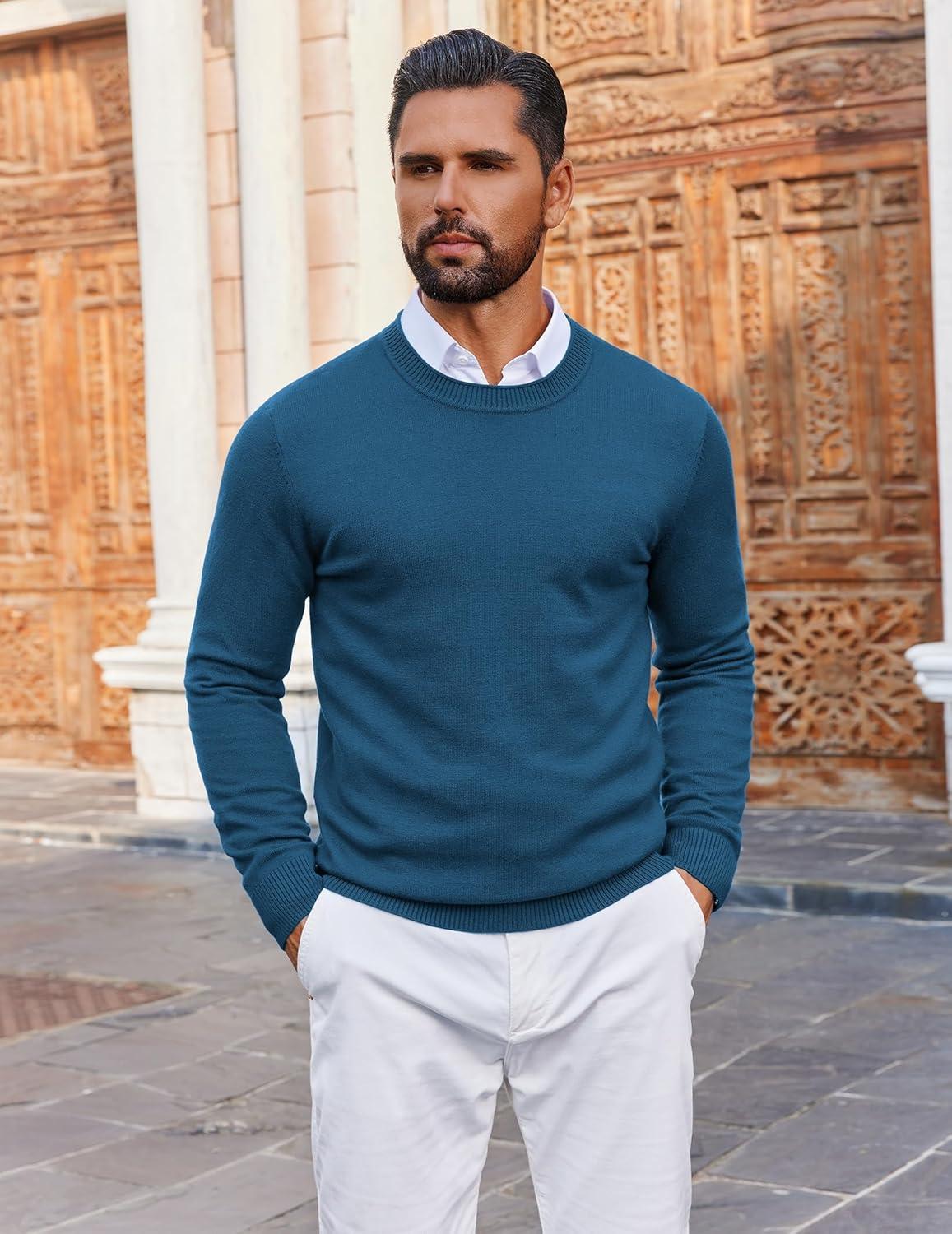 imageCOOFANDY Mens Crewneck Sweater Pullover Knit Sweater Lightweight Sweaters with Ribbing EdgeBlue