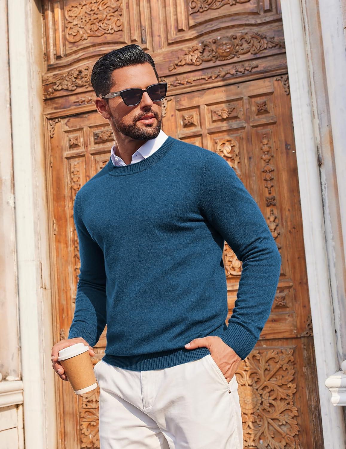 imageCOOFANDY Mens Crewneck Sweater Pullover Knit Sweater Lightweight Sweaters with Ribbing EdgeBlue