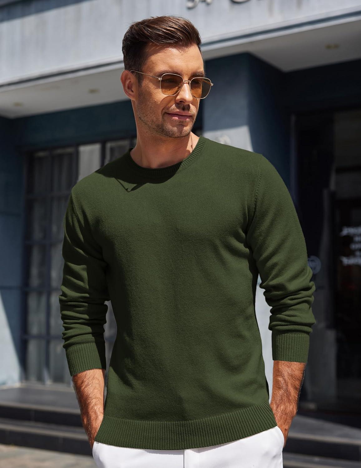 imageCOOFANDY Mens Crewneck Sweater Pullover Knit Sweater Lightweight Sweaters with Ribbing EdgeDark Army Green