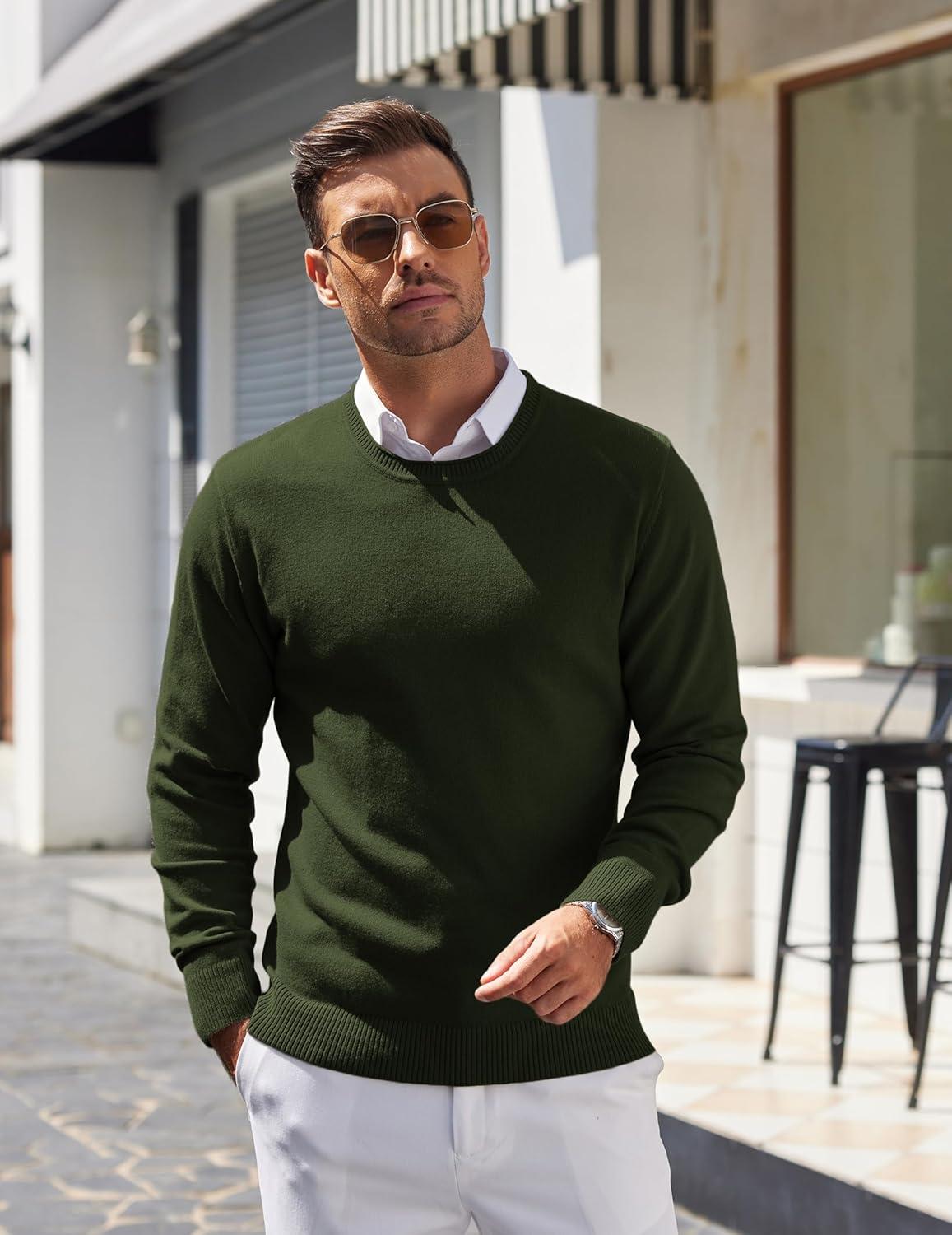 imageCOOFANDY Mens Crewneck Sweater Pullover Knit Sweater Lightweight Sweaters with Ribbing EdgeDark Army Green