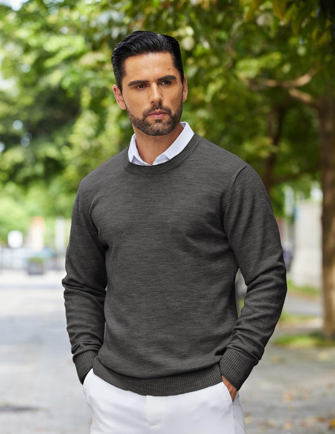 imageCOOFANDY Mens Crewneck Sweater Pullover Knit Sweater Lightweight Sweaters with Ribbing EdgeDark Gray