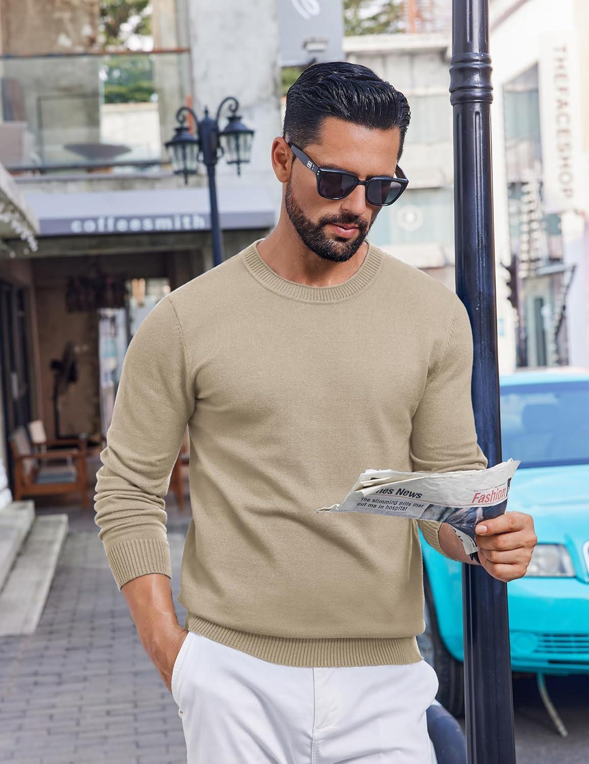 imageCOOFANDY Mens Crewneck Sweater Pullover Knit Sweater Lightweight Sweaters with Ribbing EdgeKhaki