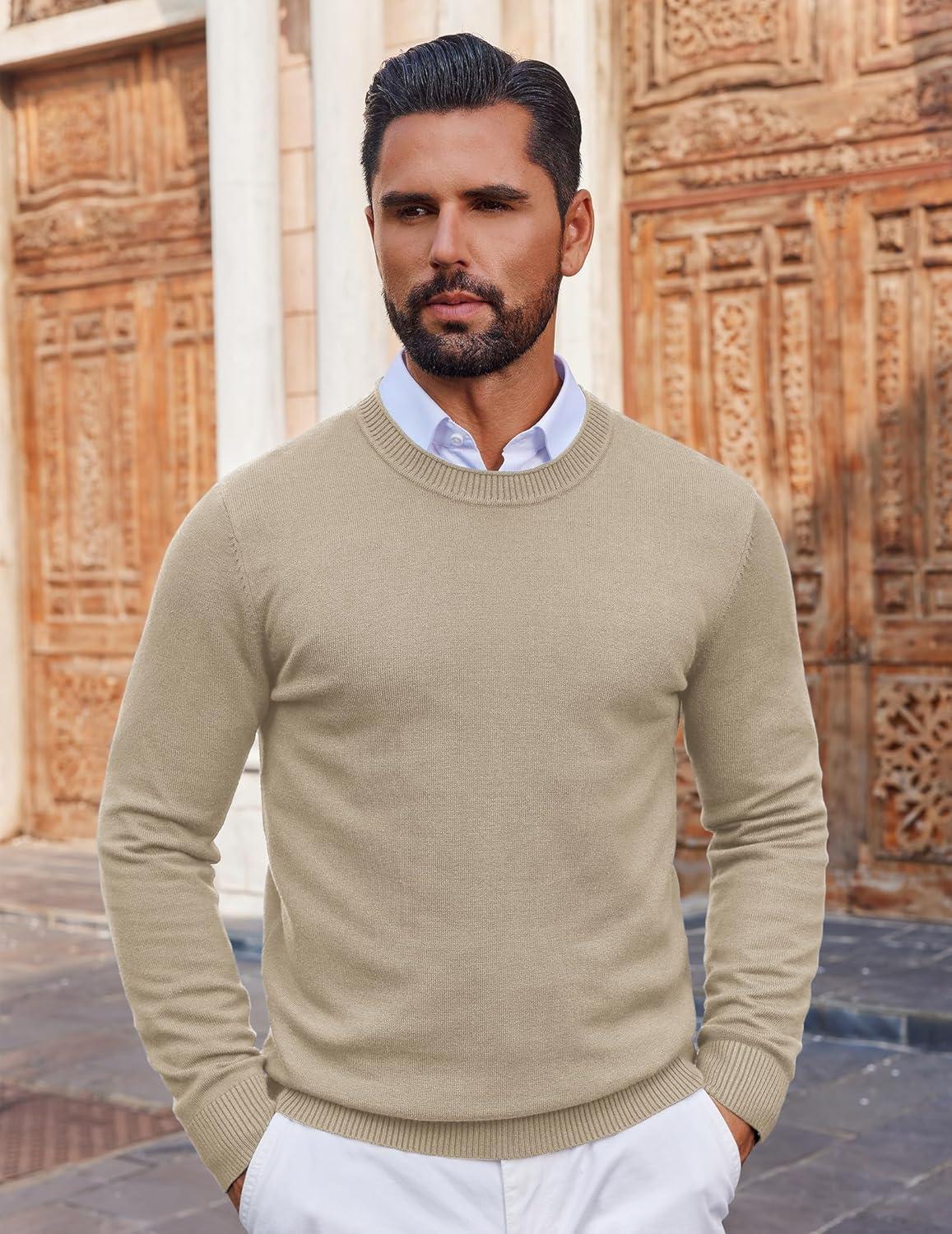 imageCOOFANDY Mens Crewneck Sweater Pullover Knit Sweater Lightweight Sweaters with Ribbing EdgeKhaki