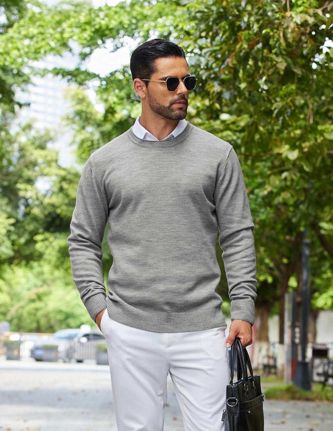 imageCOOFANDY Mens Crewneck Sweater Pullover Knit Sweater Lightweight Sweaters with Ribbing EdgeLight Gray
