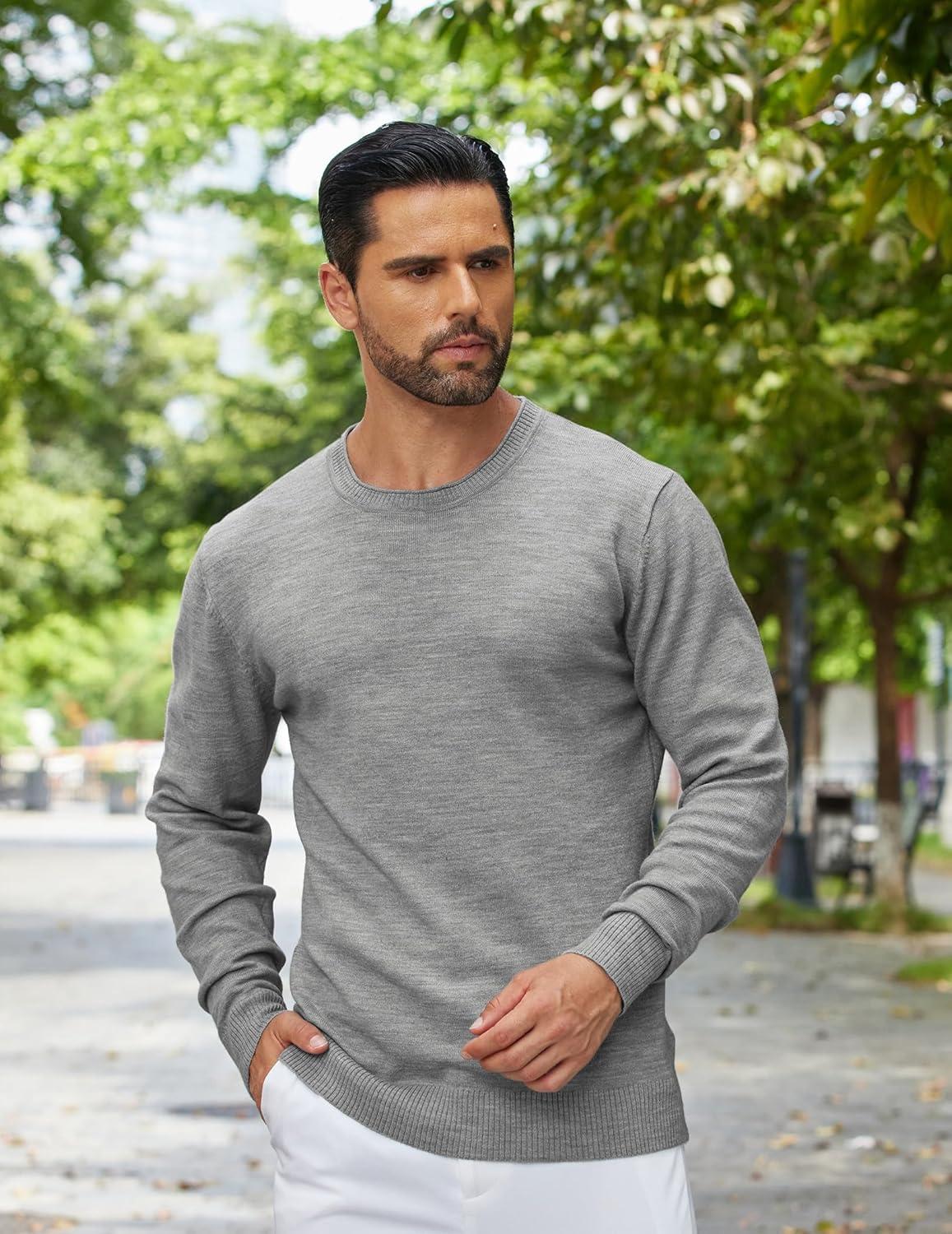 imageCOOFANDY Mens Crewneck Sweater Pullover Knit Sweater Lightweight Sweaters with Ribbing EdgeLight Gray