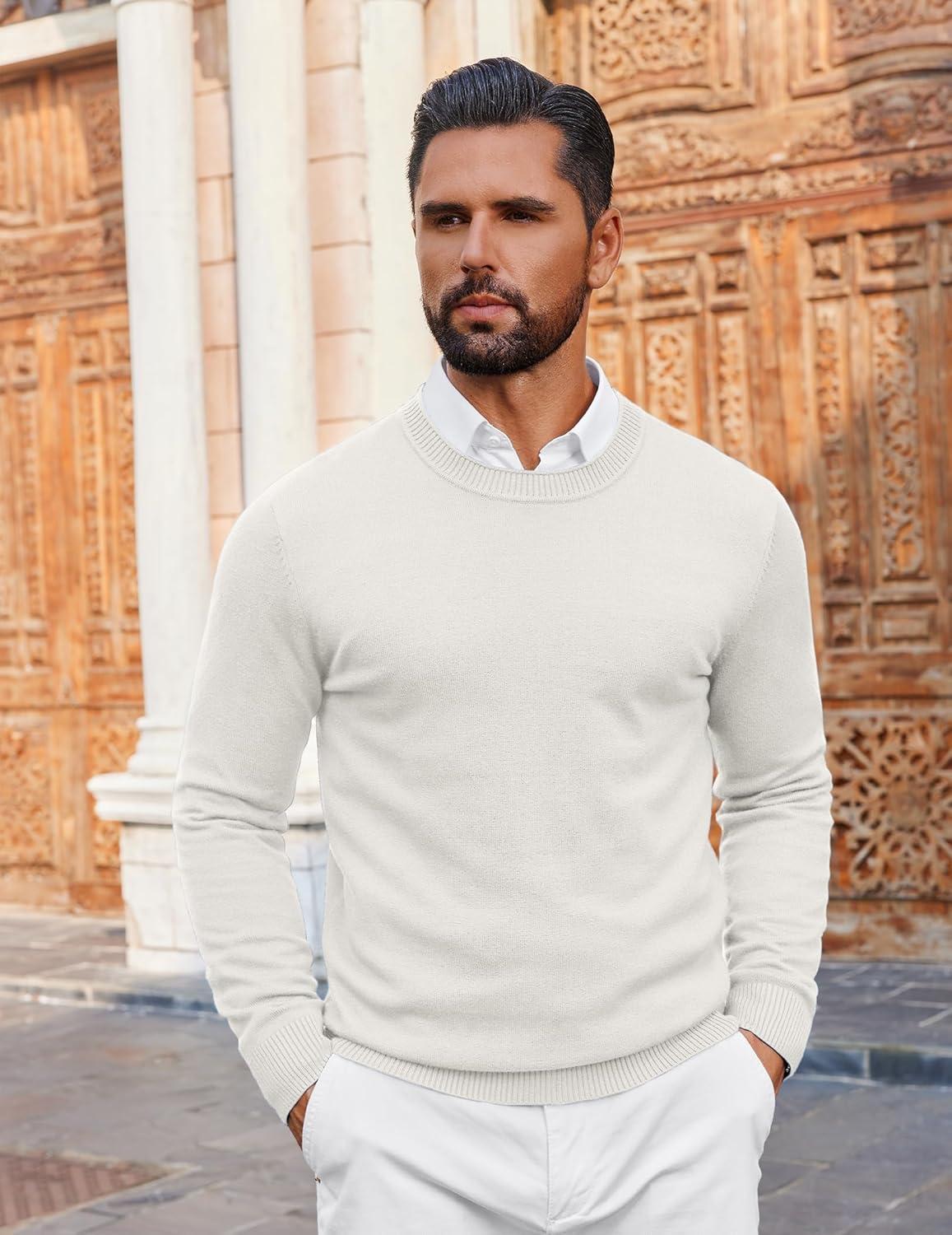 imageCOOFANDY Mens Crewneck Sweater Pullover Knit Sweater Lightweight Sweaters with Ribbing EdgeWhite