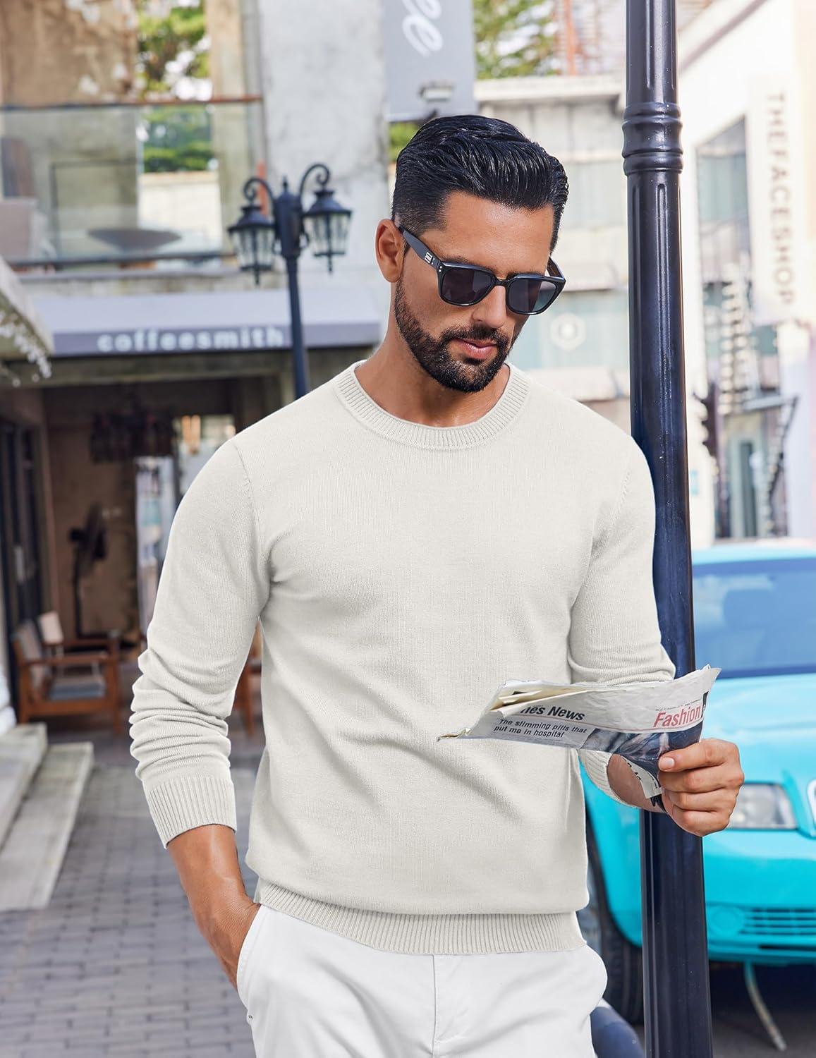 imageCOOFANDY Mens Crewneck Sweater Pullover Knit Sweater Lightweight Sweaters with Ribbing EdgeWhite