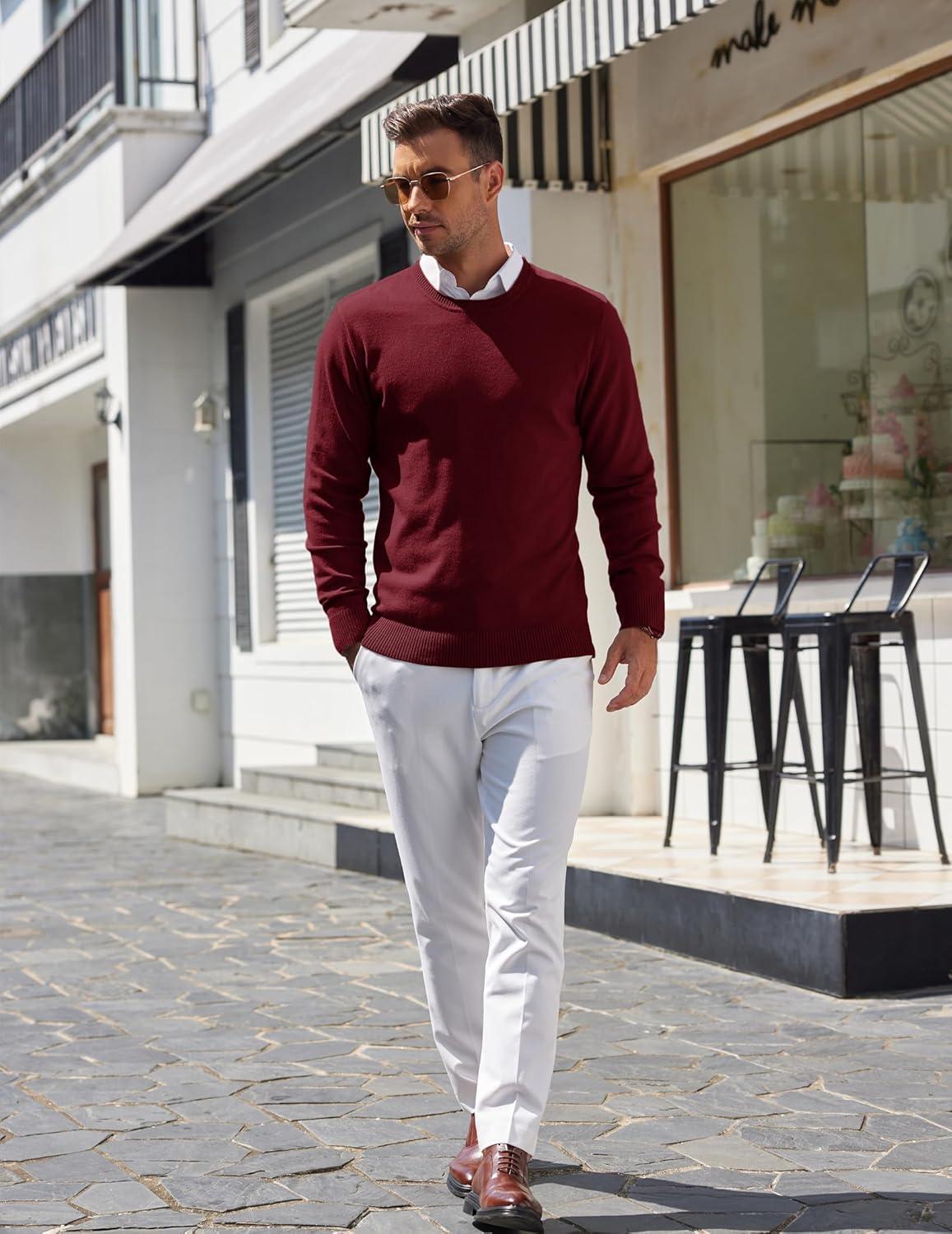 imageCOOFANDY Mens Crewneck Sweater Pullover Knit Sweater Lightweight Sweaters with Ribbing EdgeWine Red