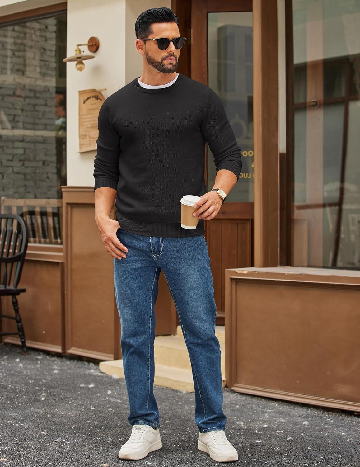 imageCOOFANDY Mens Crewneck Sweater Slim Fit Lightweight Knit Pullover Casual Dress Crew Neck Pullover SweatersBlack