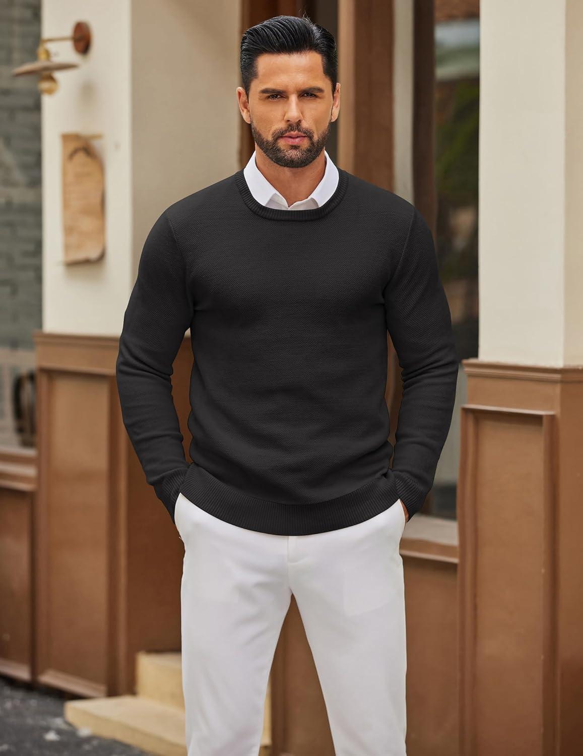 imageCOOFANDY Mens Crewneck Sweater Slim Fit Lightweight Knit Pullover Casual Dress Crew Neck Pullover SweatersBlack