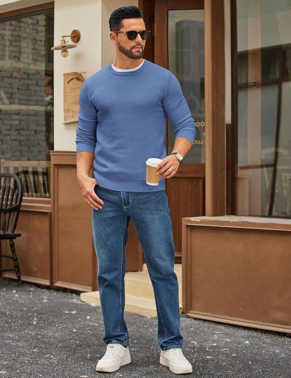 imageCOOFANDY Mens Crewneck Sweater Slim Fit Lightweight Knit Pullover Casual Dress Crew Neck Pullover SweatersBlue