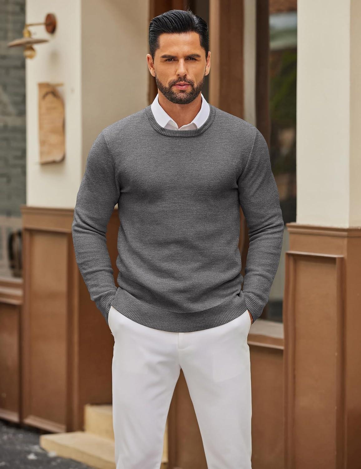 imageCOOFANDY Mens Crewneck Sweater Slim Fit Lightweight Knit Pullover Casual Dress Crew Neck Pullover SweatersDark Grey