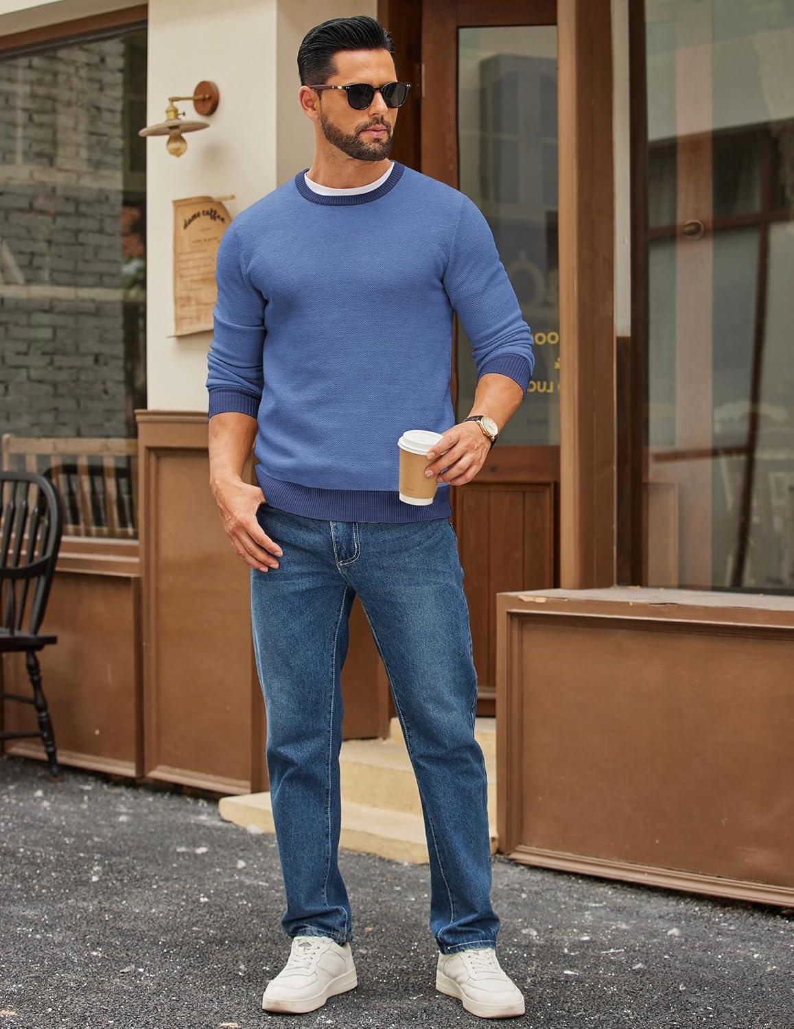 imageCOOFANDY Mens Crewneck Sweater Slim Fit Lightweight Knit Pullover Casual Dress Crew Neck Pullover SweatersDenim Blue  Navy Blue Edge