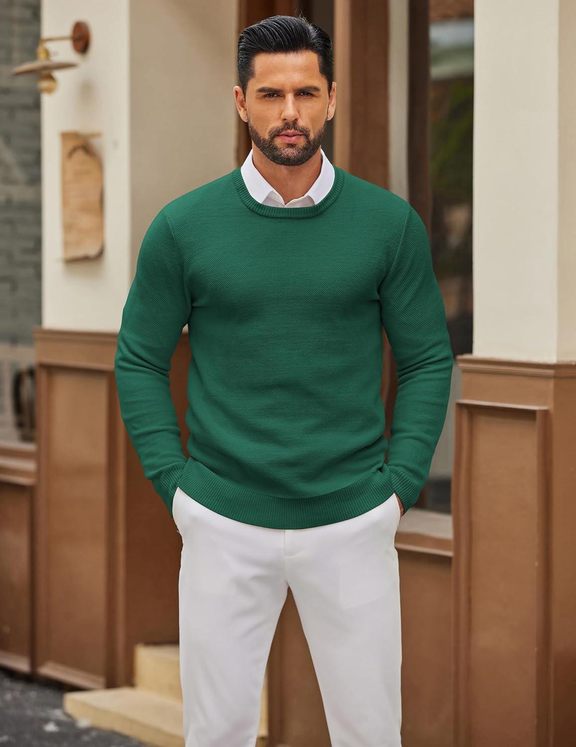 imageCOOFANDY Mens Crewneck Sweater Slim Fit Lightweight Knit Pullover Casual Dress Crew Neck Pullover SweatersGreen