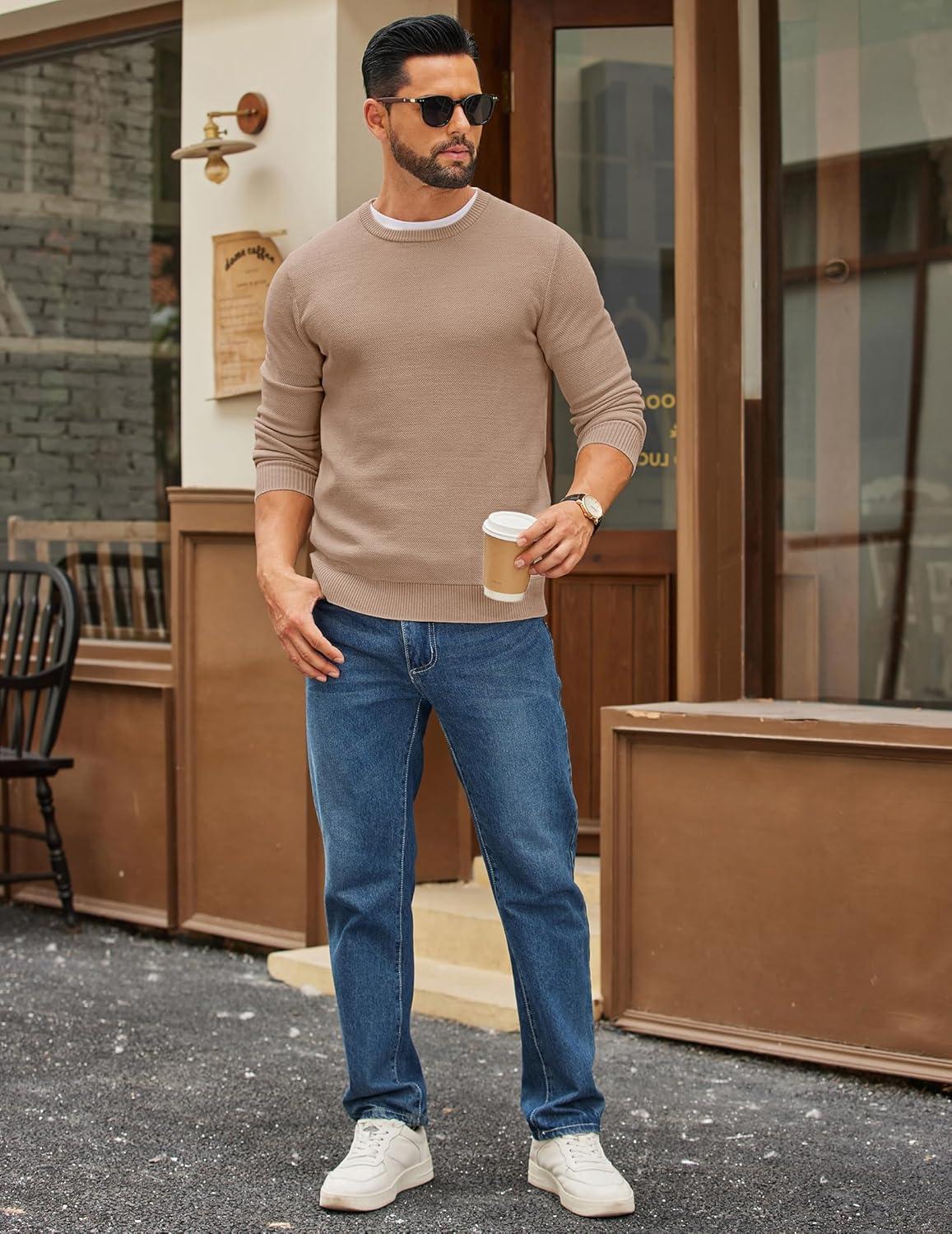 imageCOOFANDY Mens Crewneck Sweater Slim Fit Lightweight Knit Pullover Casual Dress Crew Neck Pullover SweatersKhaki