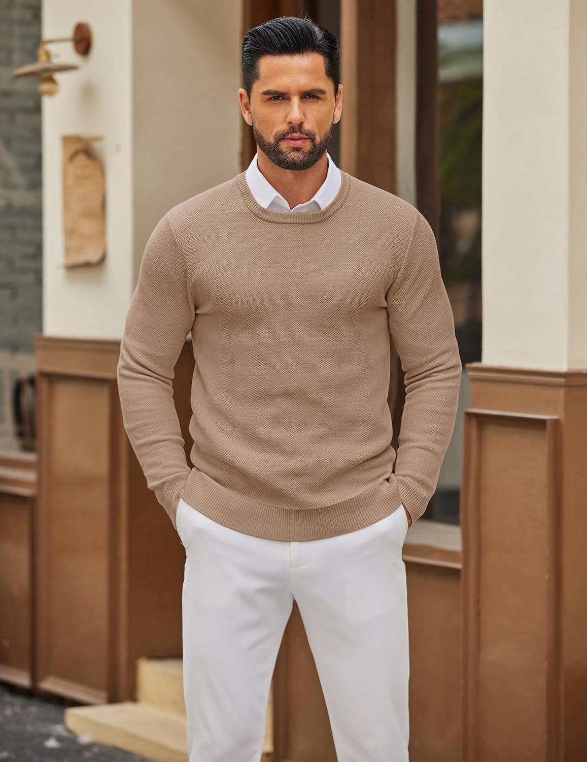 imageCOOFANDY Mens Crewneck Sweater Slim Fit Lightweight Knit Pullover Casual Dress Crew Neck Pullover SweatersKhaki