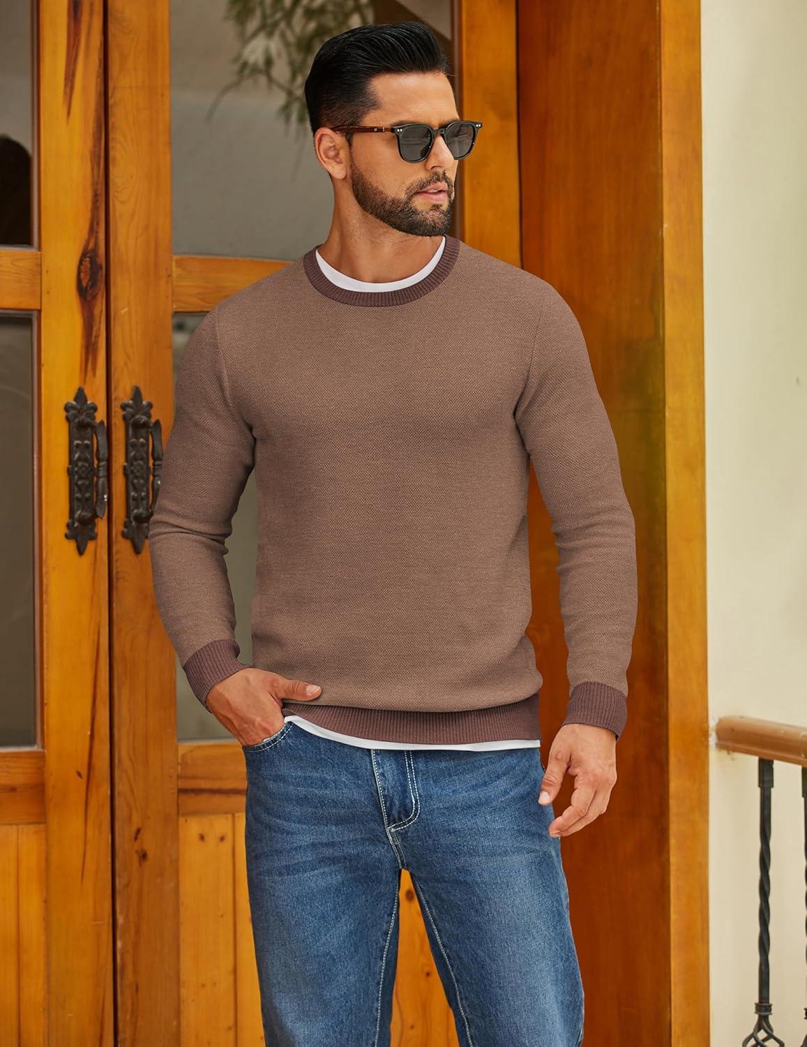 imageCOOFANDY Mens Crewneck Sweater Slim Fit Lightweight Knit Pullover Casual Dress Crew Neck Pullover SweatersLight Brown  Dark Brown Edge