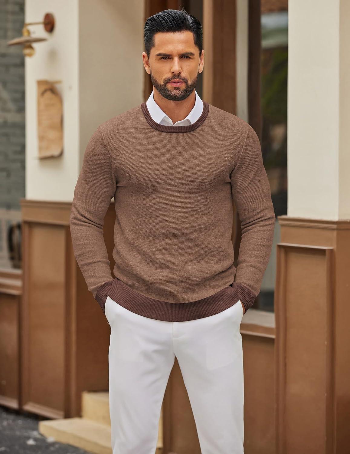 imageCOOFANDY Mens Crewneck Sweater Slim Fit Lightweight Knit Pullover Casual Dress Crew Neck Pullover SweatersLight Brown  Dark Brown Edge