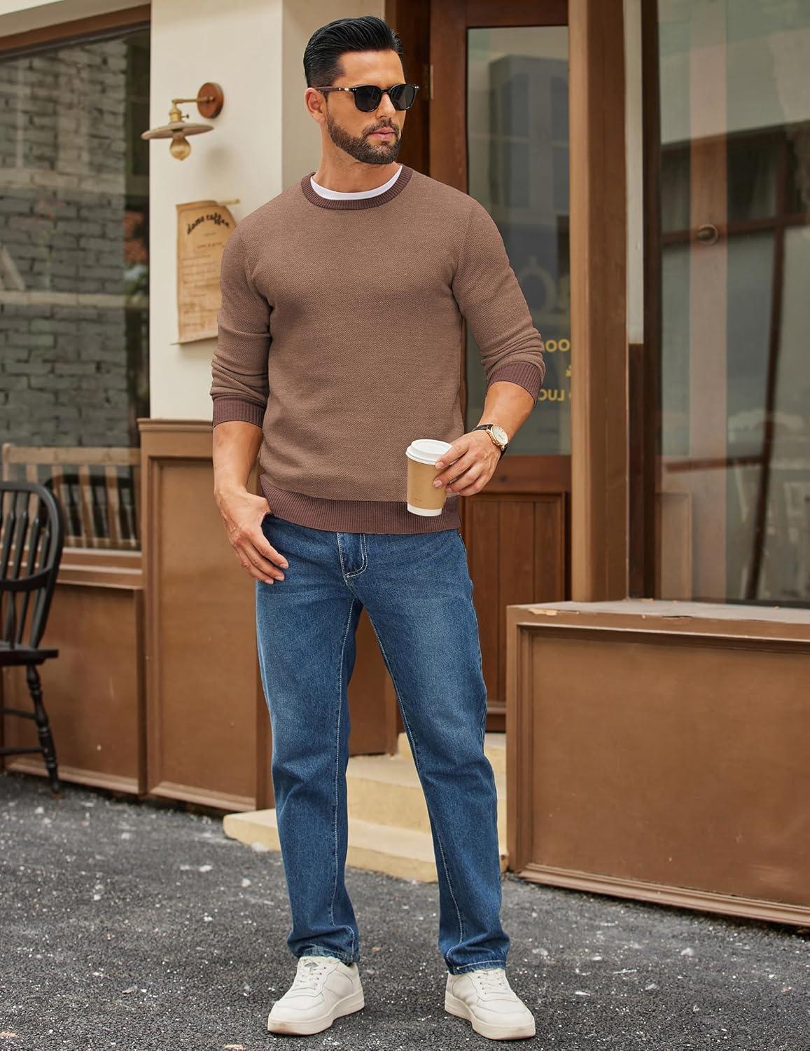 imageCOOFANDY Mens Crewneck Sweater Slim Fit Lightweight Knit Pullover Casual Dress Crew Neck Pullover SweatersLight Brown  Dark Brown Edge