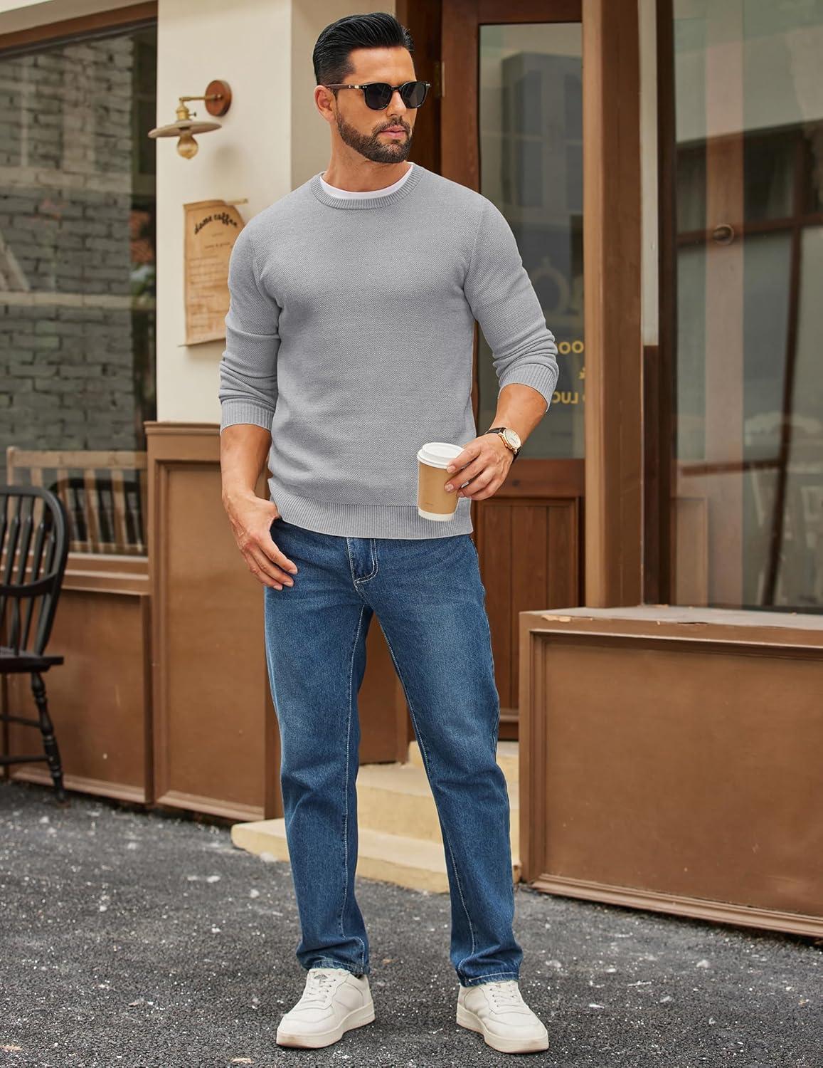 imageCOOFANDY Mens Crewneck Sweater Slim Fit Lightweight Knit Pullover Casual Dress Crew Neck Pullover SweatersLight Grey