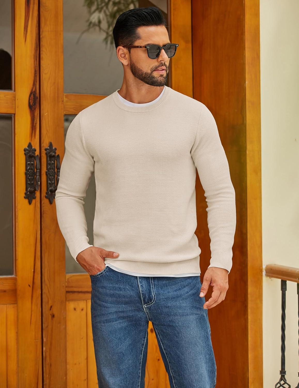 imageCOOFANDY Mens Crewneck Sweater Slim Fit Lightweight Knit Pullover Casual Dress Crew Neck Pullover SweatersLight Khaki