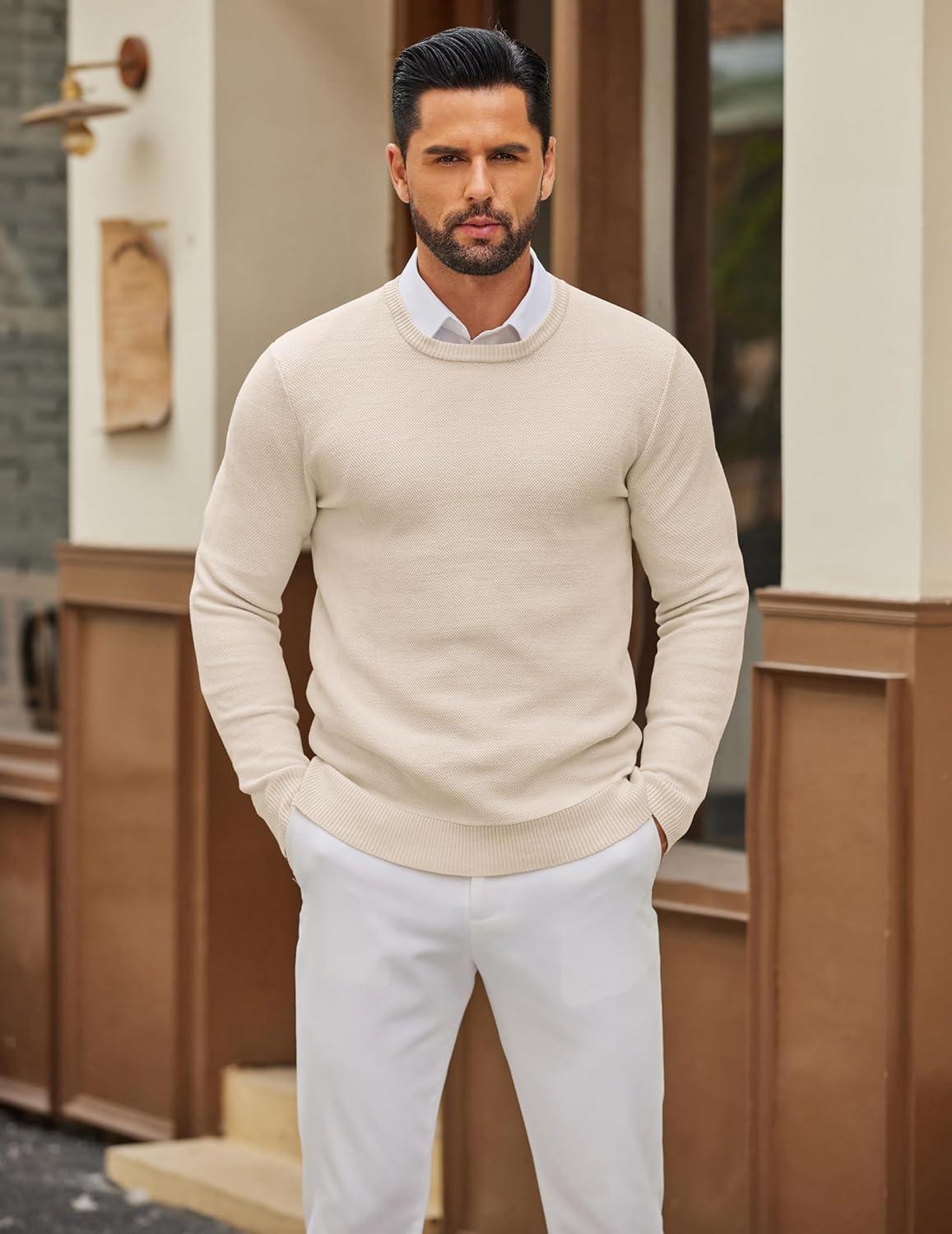 imageCOOFANDY Mens Crewneck Sweater Slim Fit Lightweight Knit Pullover Casual Dress Crew Neck Pullover SweatersLight Khaki