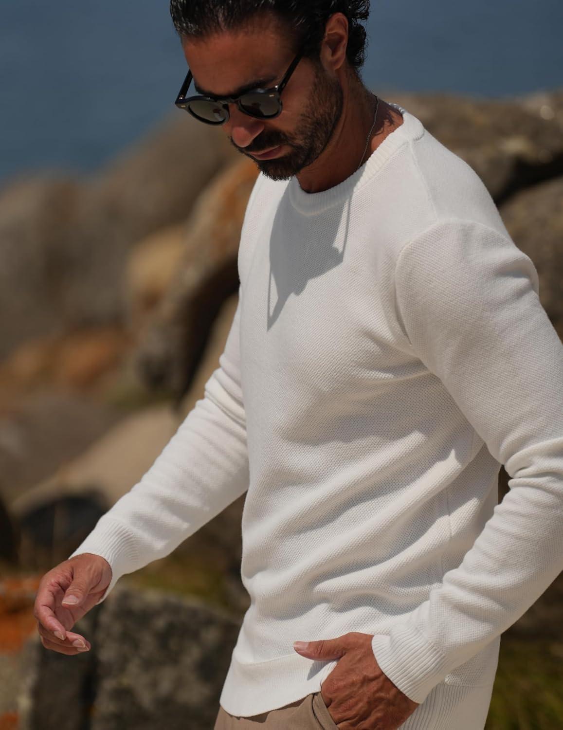 imageCOOFANDY Mens Crewneck Sweater Slim Fit Lightweight Knit Pullover Casual Dress Crew Neck Pullover SweatersWhite