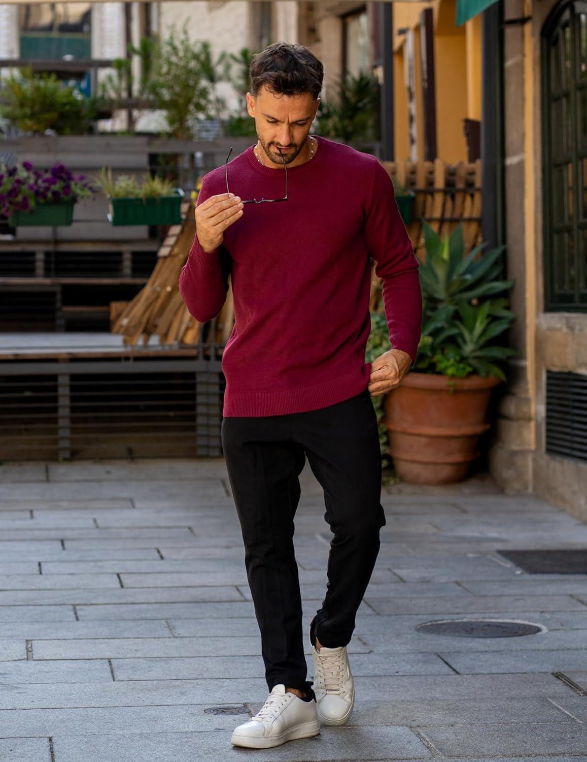 imageCOOFANDY Mens Crewneck Sweater Slim Fit Lightweight Knit Pullover Casual Dress Crew Neck Pullover SweatersWine Red