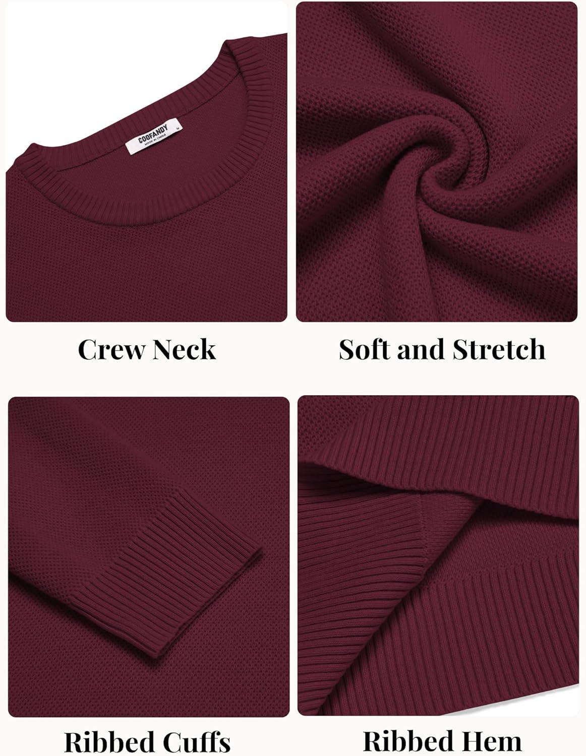 imageCOOFANDY Mens Crewneck Sweater Slim Fit Lightweight Knit Pullover Casual Dress Crew Neck Pullover SweatersWine Red