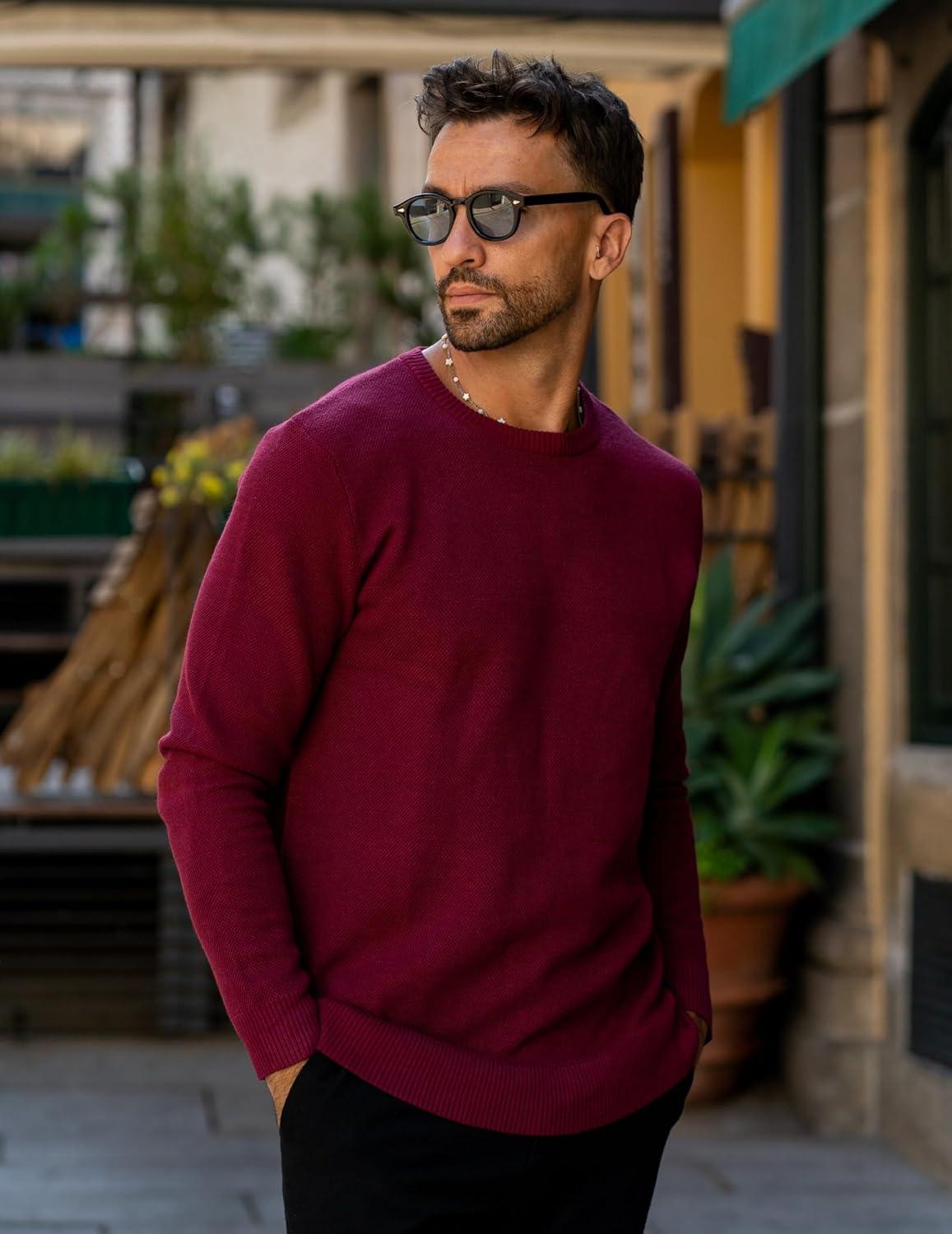 imageCOOFANDY Mens Crewneck Sweater Slim Fit Lightweight Knit Pullover Casual Dress Crew Neck Pullover SweatersWine Red