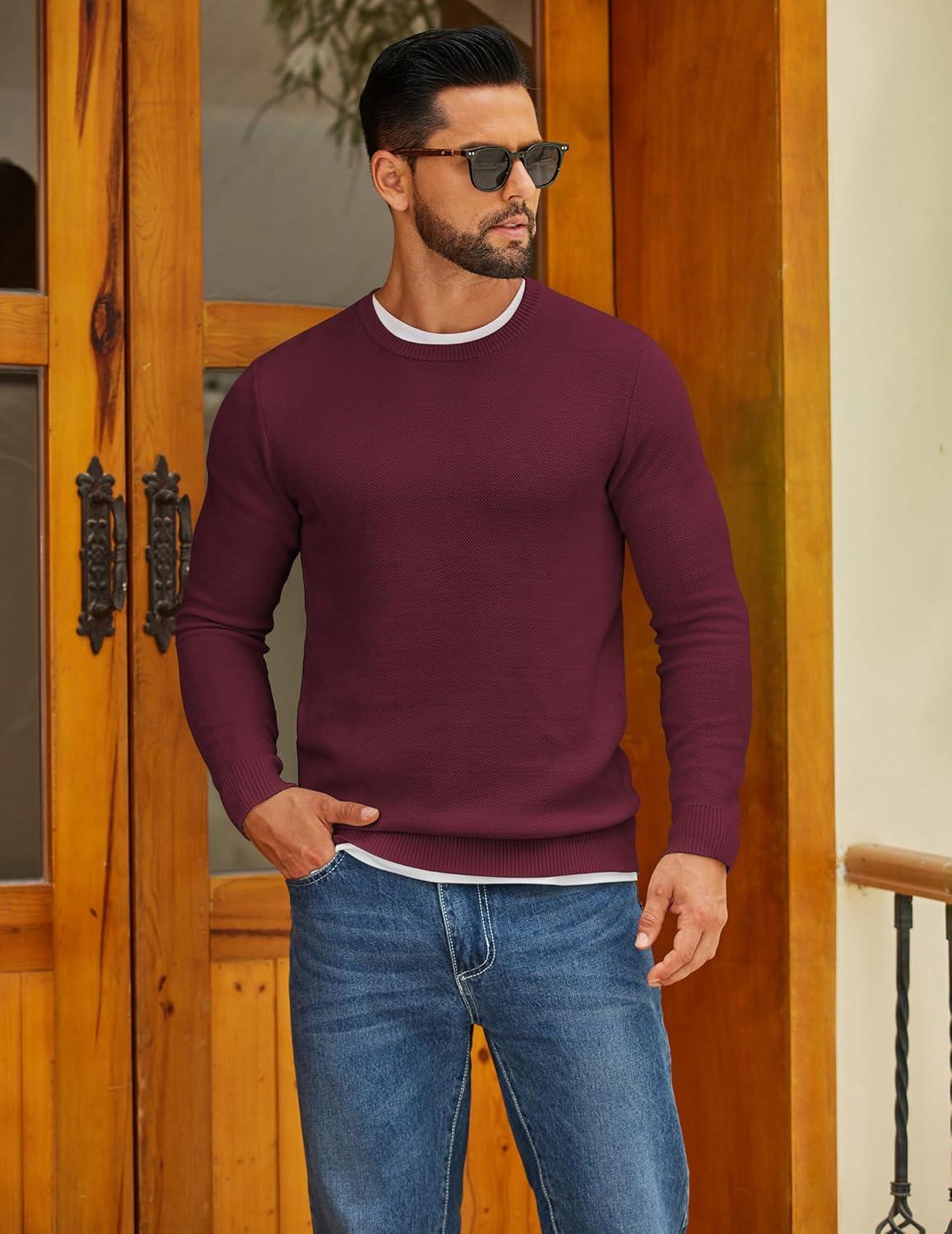 imageCOOFANDY Mens Crewneck Sweater Slim Fit Lightweight Knit Pullover Casual Dress Crew Neck Pullover SweatersWine Red