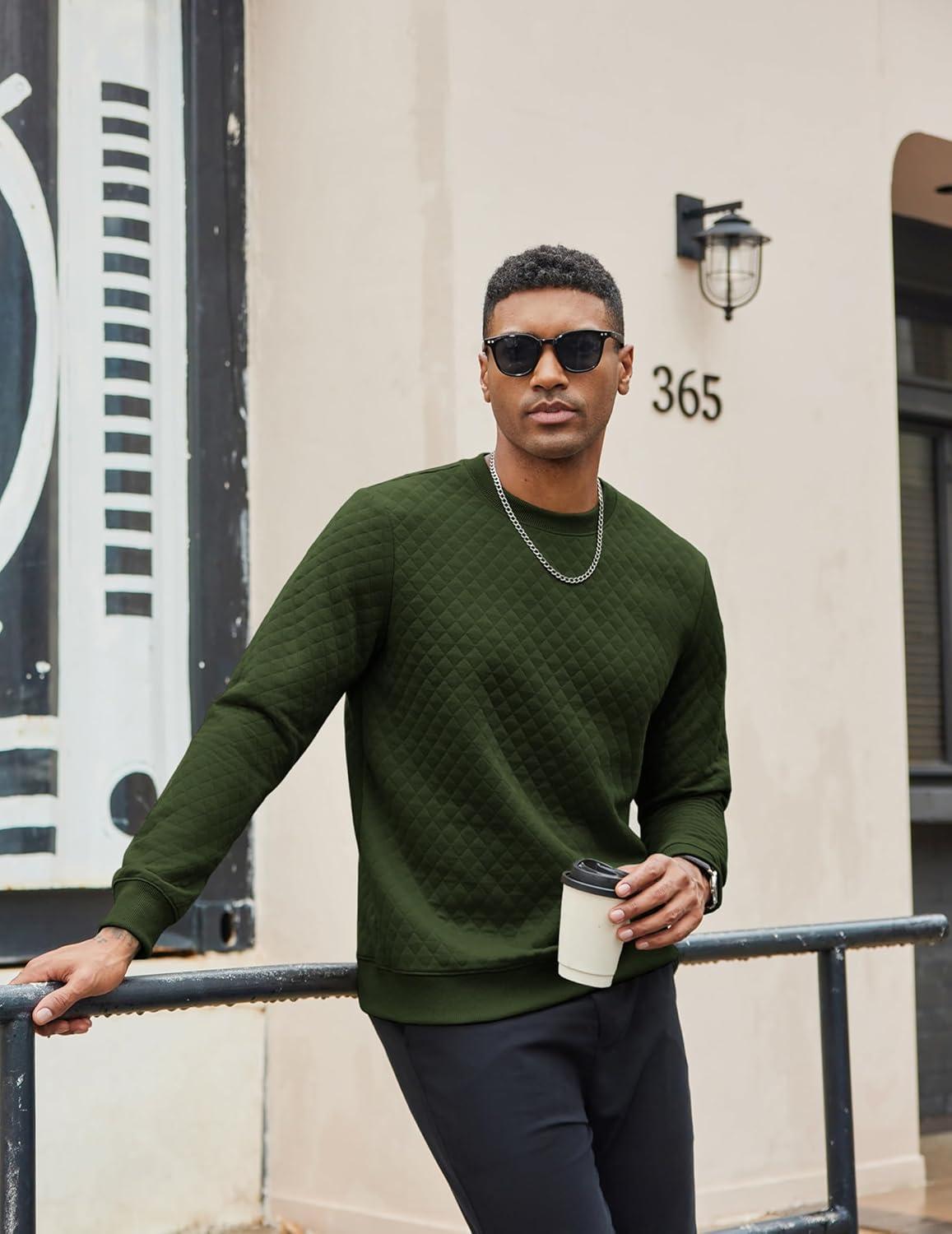 imageCOOFANDY Mens Crewneck Sweatshirt Geometric Texture Casual Long Sleeve Sweatshirts Fashion Pullover ShirtsArmy Green