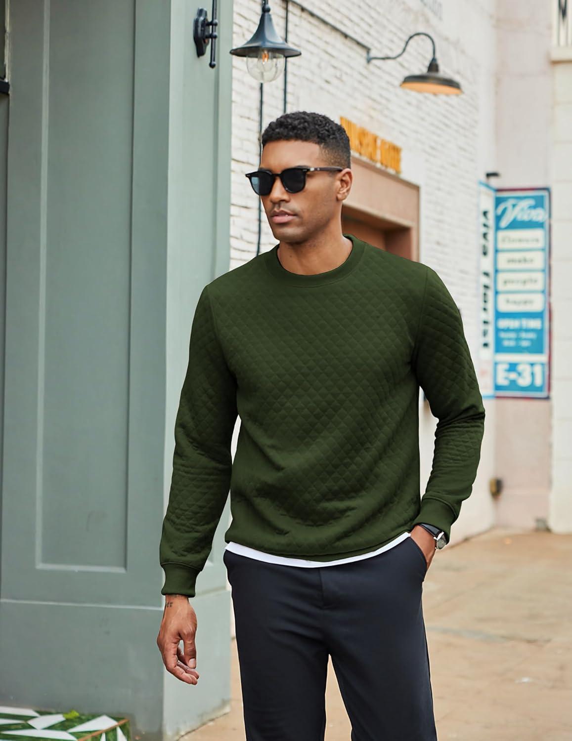 imageCOOFANDY Mens Crewneck Sweatshirt Geometric Texture Casual Long Sleeve Sweatshirts Fashion Pullover ShirtsArmy Green