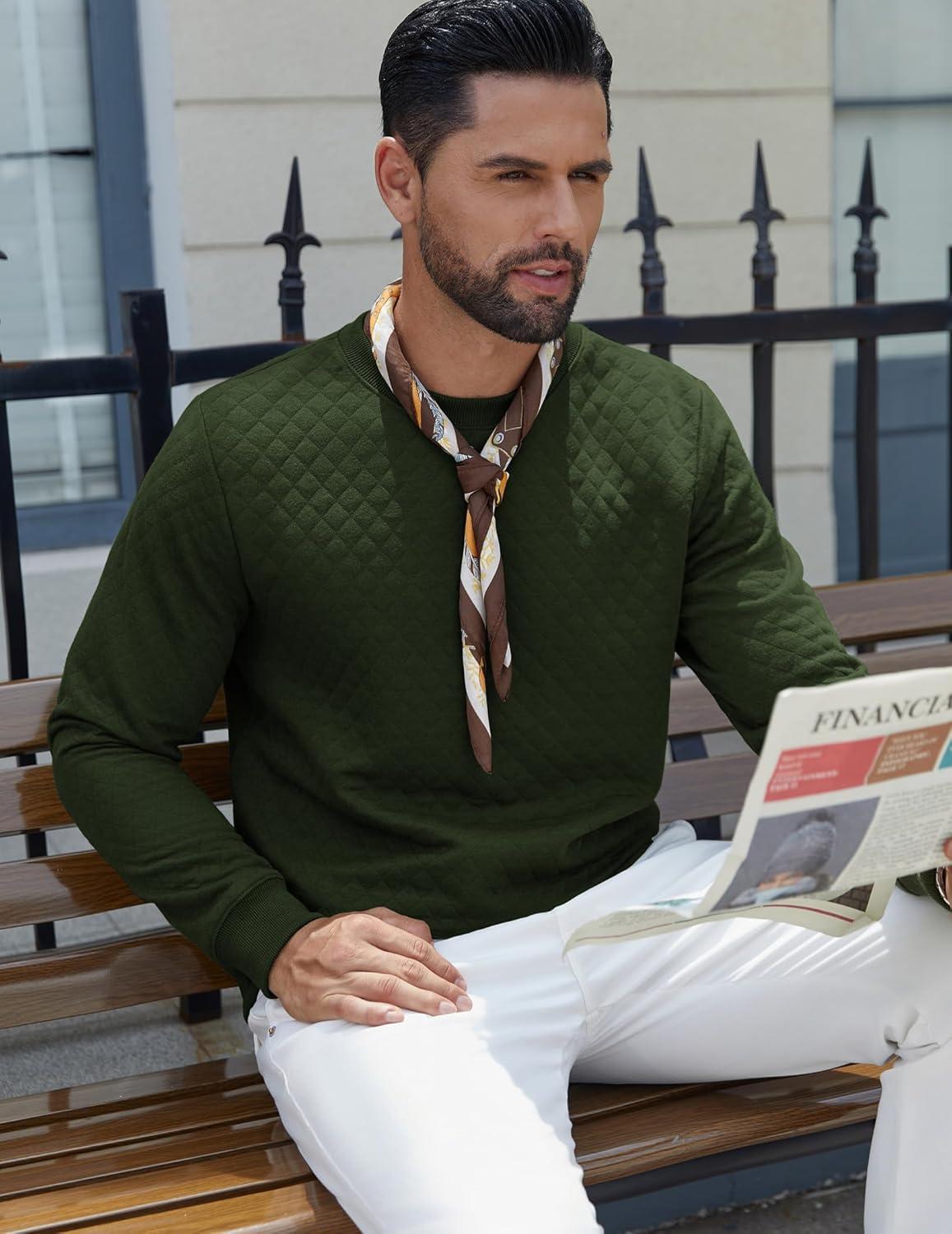 imageCOOFANDY Mens Crewneck Sweatshirt Geometric Texture Casual Long Sleeve Sweatshirts Fashion Pullover ShirtsArmy Green