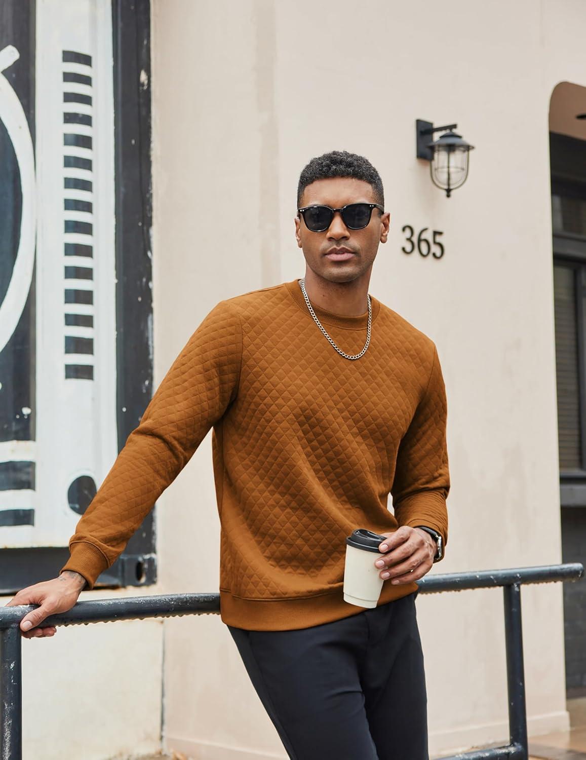 imageCOOFANDY Mens Crewneck Sweatshirt Geometric Texture Casual Long Sleeve Sweatshirts Fashion Pullover ShirtsBrown