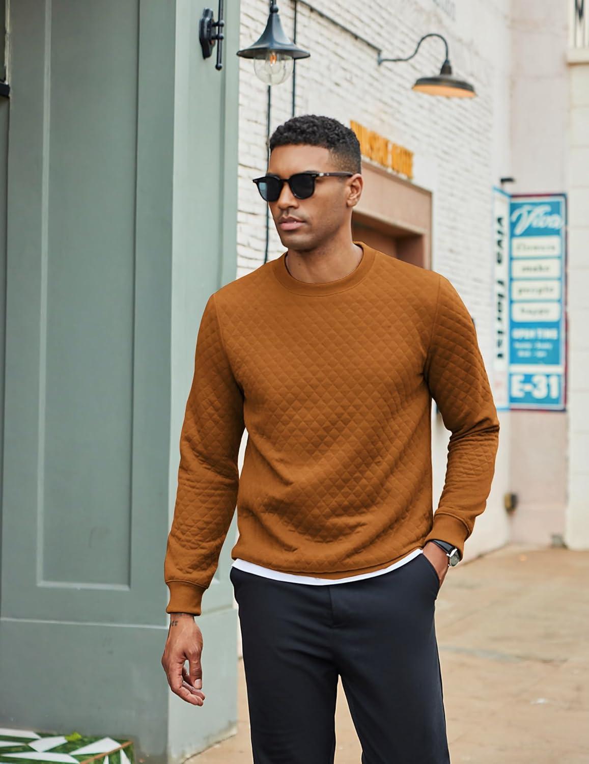 imageCOOFANDY Mens Crewneck Sweatshirt Geometric Texture Casual Long Sleeve Sweatshirts Fashion Pullover ShirtsBrown