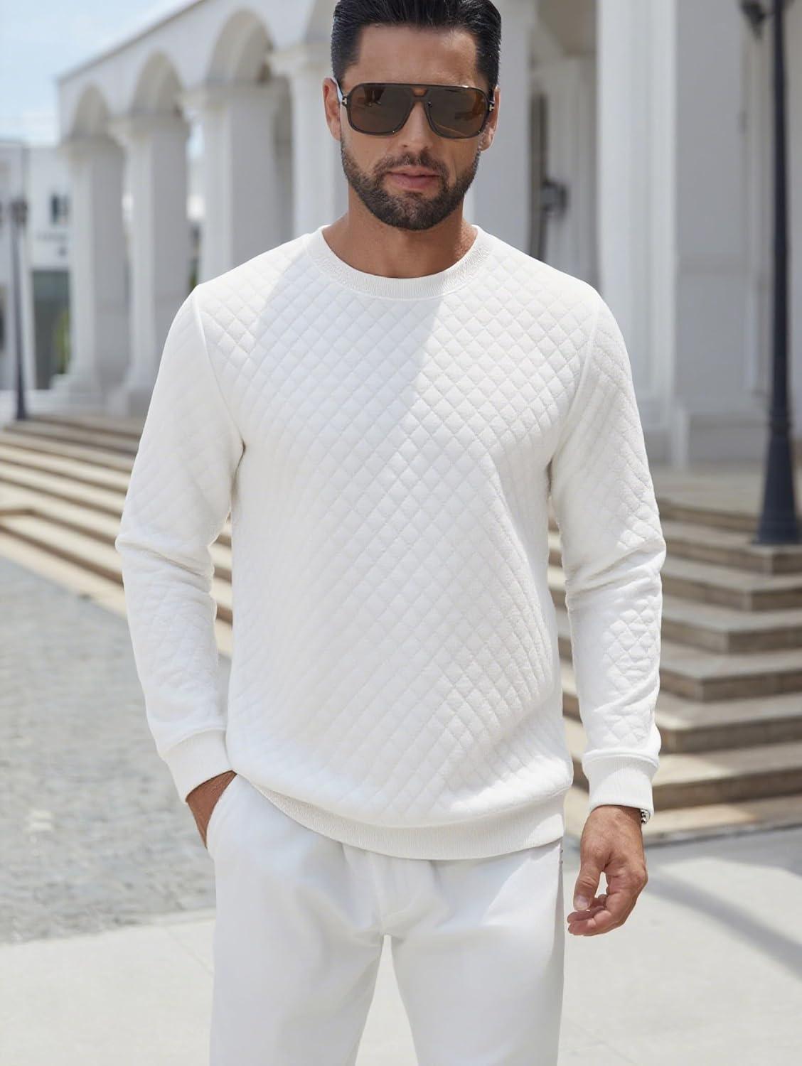 imageCOOFANDY Mens Crewneck Sweatshirt Geometric Texture Casual Long Sleeve Sweatshirts Fashion Pullover ShirtsWhite