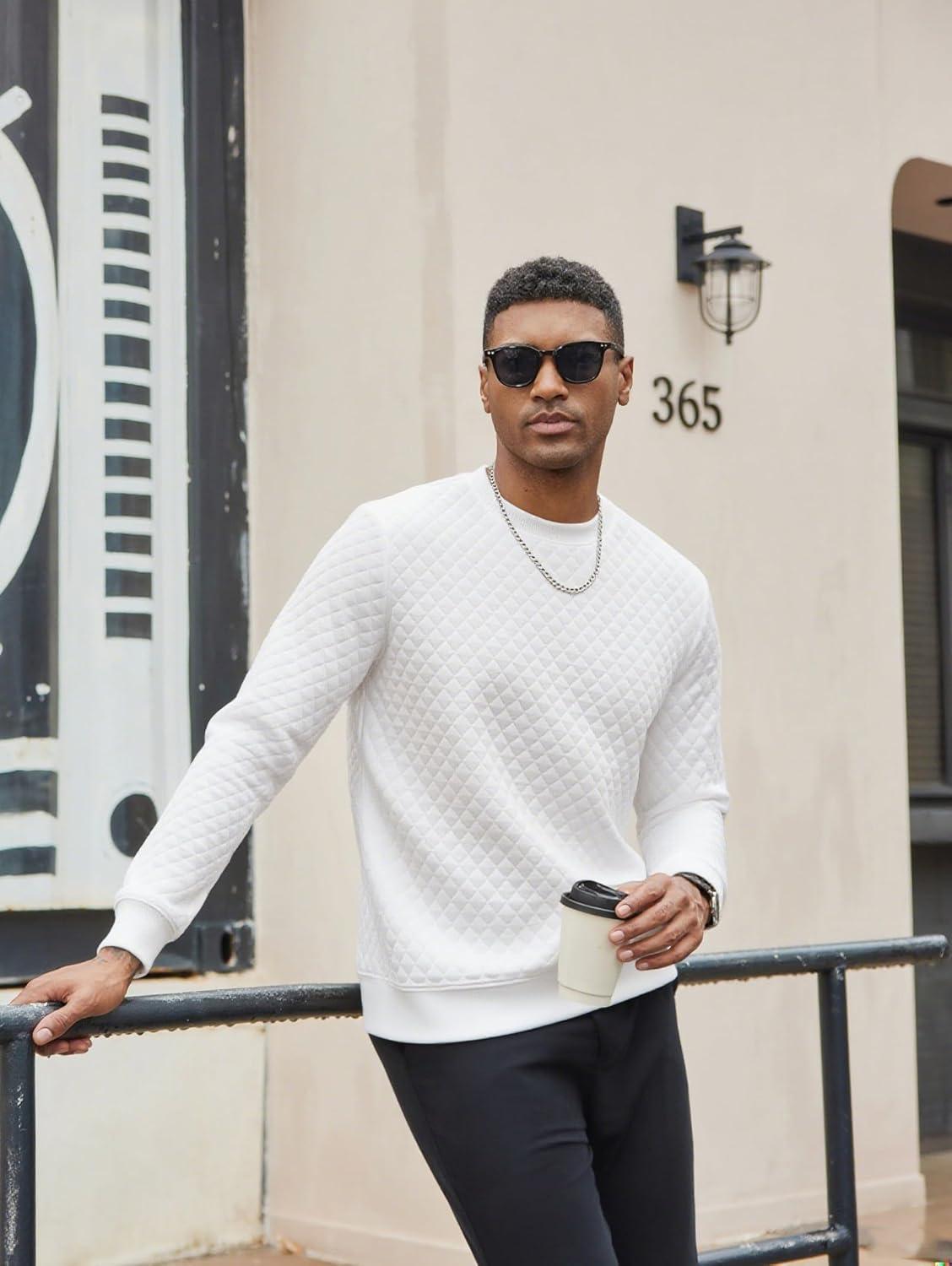 imageCOOFANDY Mens Crewneck Sweatshirt Geometric Texture Casual Long Sleeve Sweatshirts Fashion Pullover ShirtsWhite