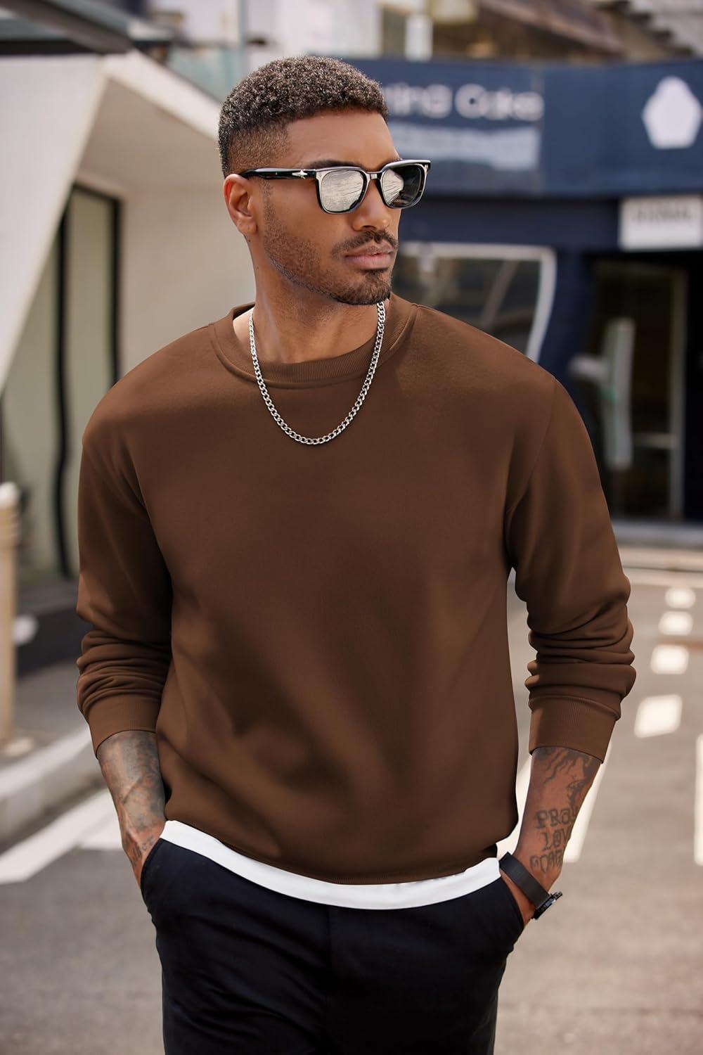 imageCOOFANDY Mens Crewneck Sweatshirts Long Sleeves Fleece Sweatshirts Thermal Casual Pullover ShirtBrown