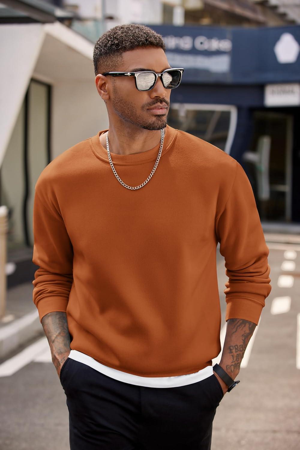 imageCOOFANDY Mens Crewneck Sweatshirts Long Sleeves Fleece Sweatshirts Thermal Casual Pullover ShirtCaramel