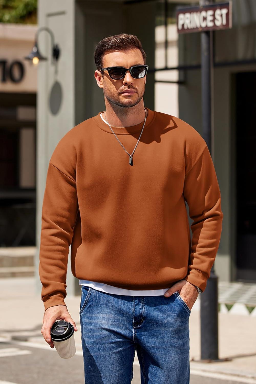 imageCOOFANDY Mens Crewneck Sweatshirts Long Sleeves Fleece Sweatshirts Thermal Casual Pullover ShirtCaramel