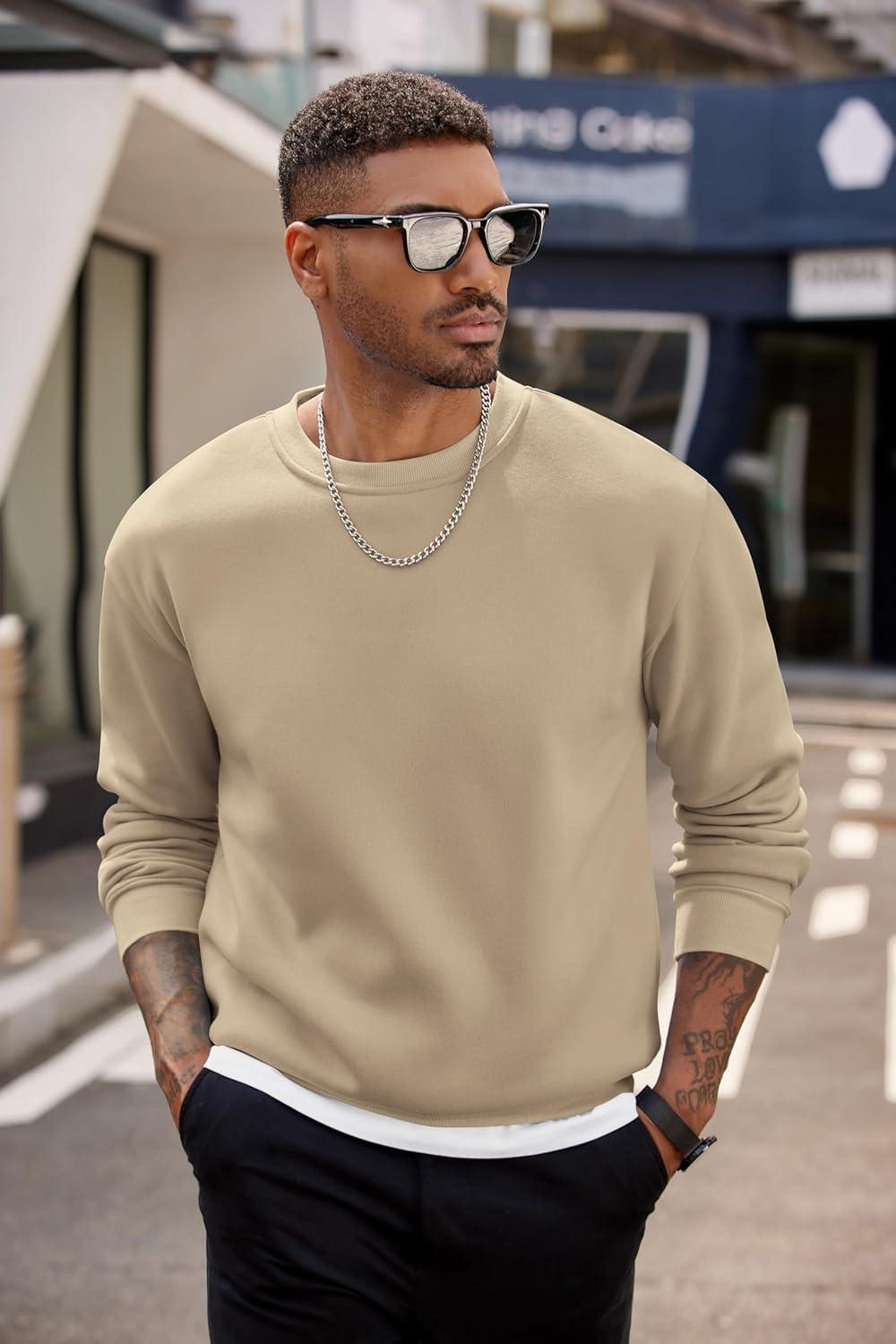 imageCOOFANDY Mens Crewneck Sweatshirts Long Sleeves Fleece Sweatshirts Thermal Casual Pullover ShirtKhaki
