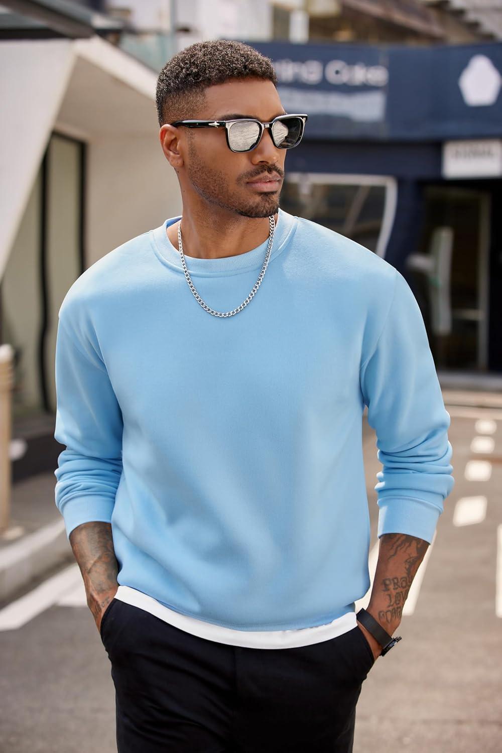 imageCOOFANDY Mens Crewneck Sweatshirts Long Sleeves Fleece Sweatshirts Thermal Casual Pullover ShirtLight Blue