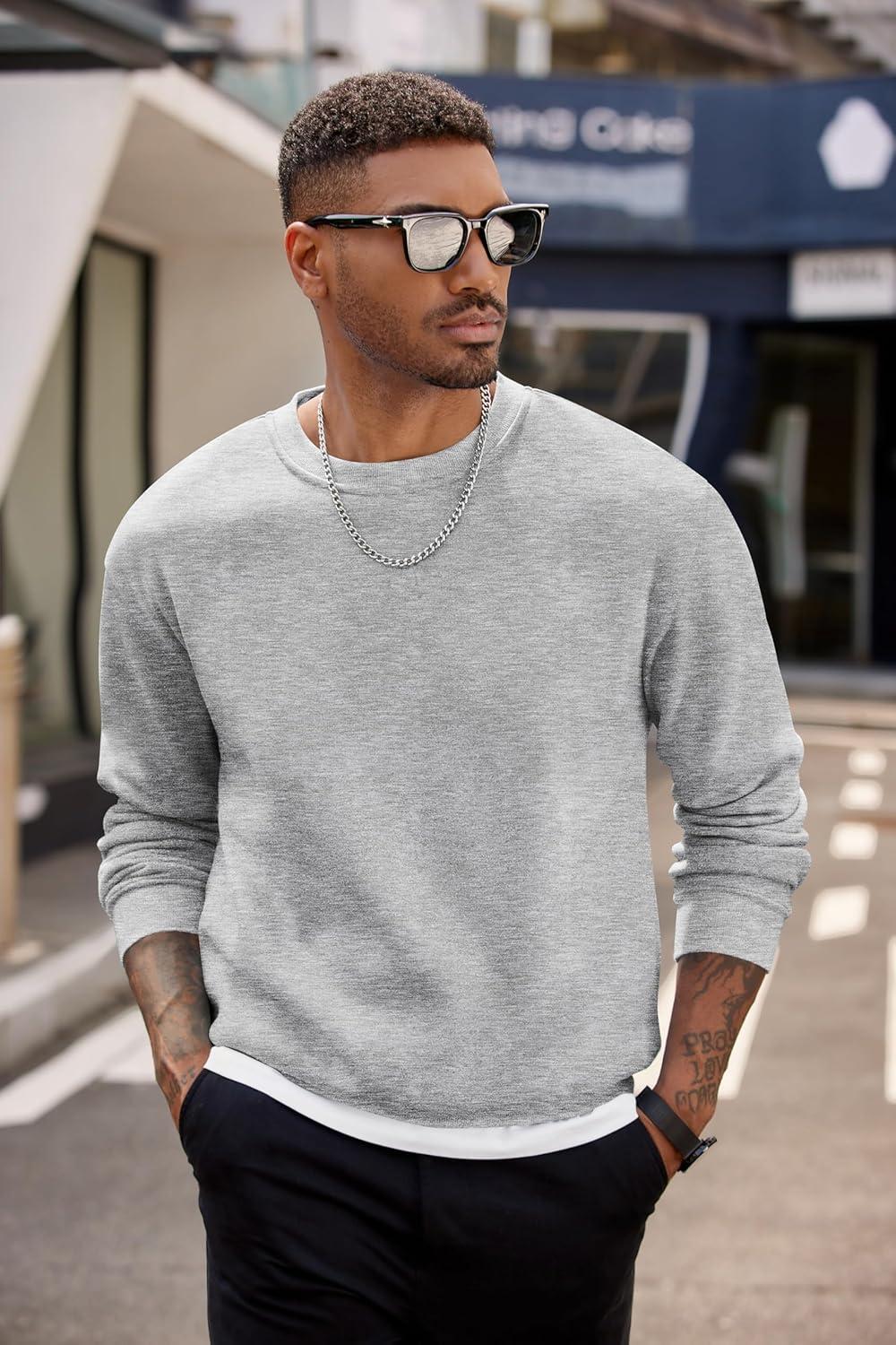 imageCOOFANDY Mens Crewneck Sweatshirts Long Sleeves Fleece Sweatshirts Thermal Casual Pullover ShirtLight Gray