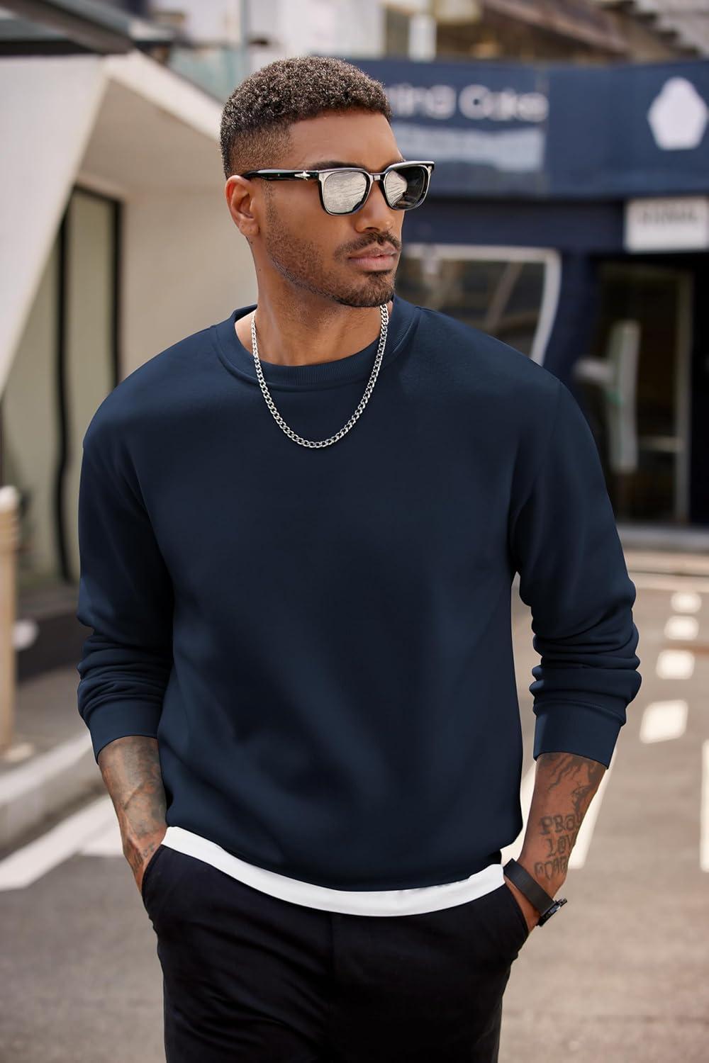 imageCOOFANDY Mens Crewneck Sweatshirts Long Sleeves Fleece Sweatshirts Thermal Casual Pullover ShirtNavy Blue